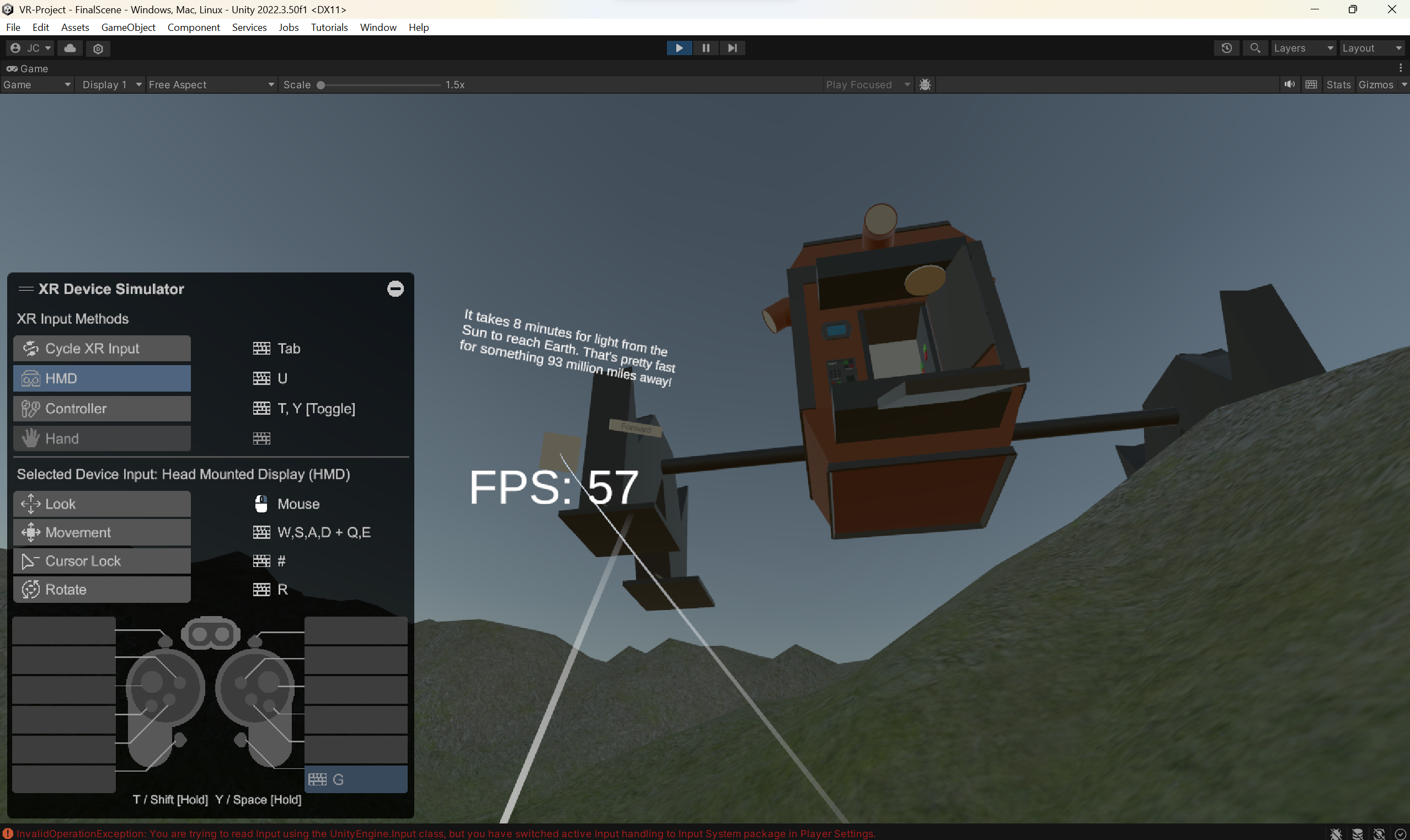 VR screenshot showing device simulator and generated terrain with spaceship