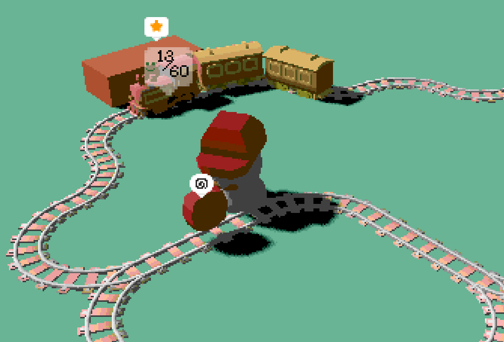 An engineer fixing the tracks, with a train at a station in the background